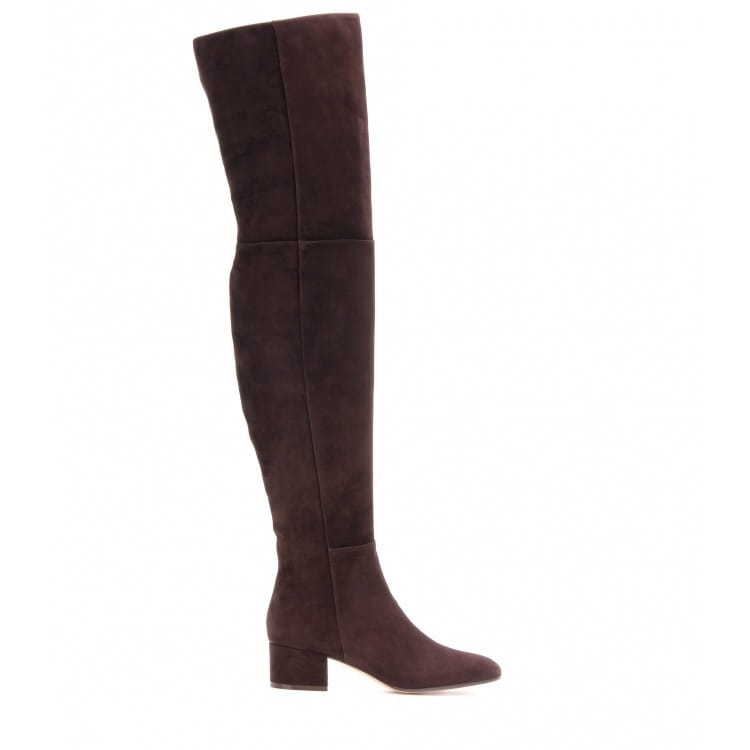 Dark brown suede over the knee boot with low block heel shown from the back side.