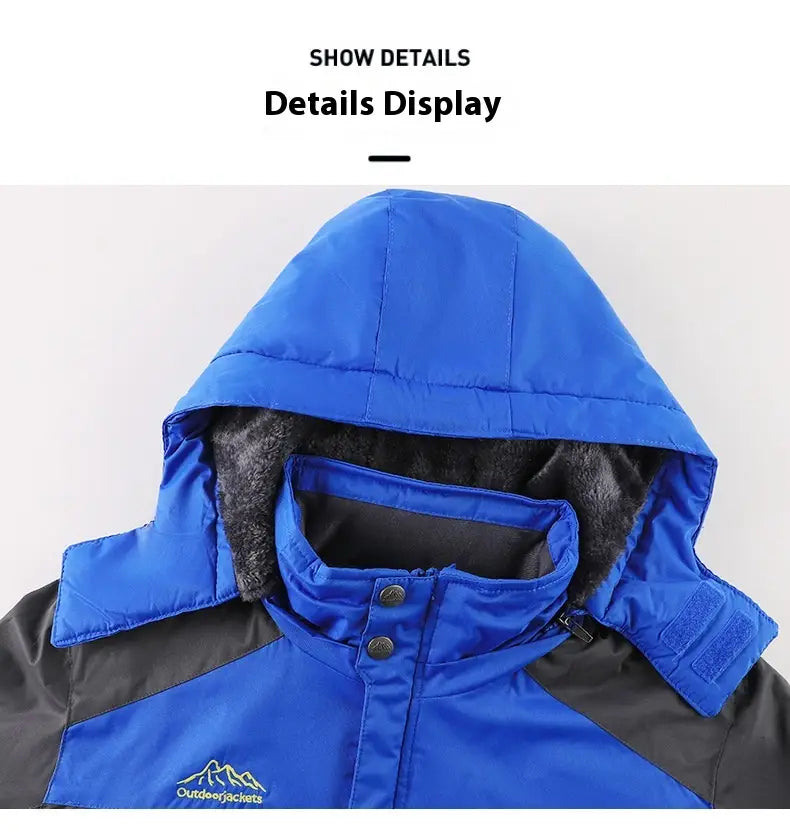 Herren-Fleece-gefütterte Winterjacke, dicker Baumwollmantel, in Blau und Schwarz mit wattierter Kapuze, die mit dunkelgrauem Fleece gefüttert ist, für den Outdoor-Einsatz