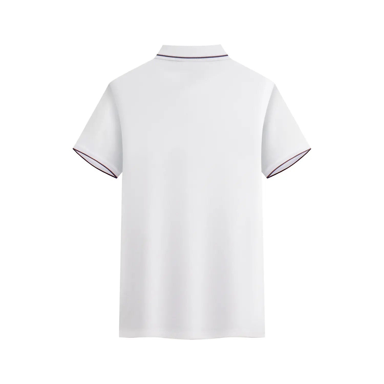 Weißes Herren-Schnelltrocknendes Kühl-Poloshirt mit schwarzem Besatz entlang des Kragens und an den Saumabschlüssen der Ärmel, für den Sommereinsatz ausgelegt.