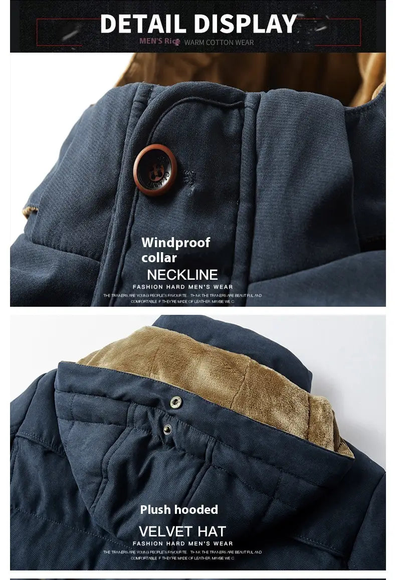 Plus-Size-Winterjacke für Herren in dunkelblauem, gestepptem Stil mit Fleecefutter, windabweisendem Kragen und einer Kapuze mit plüschig-weichem Samt-Innenfutter.
