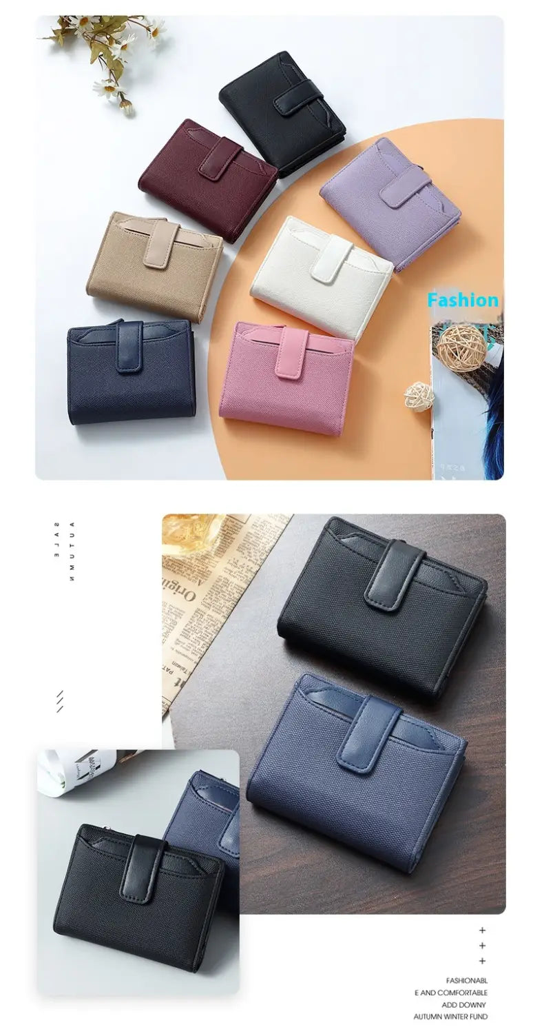 A sleek minimalist foldable leather wallet for women with woven textured design available in black navy blue beige pink white and maroon colors.