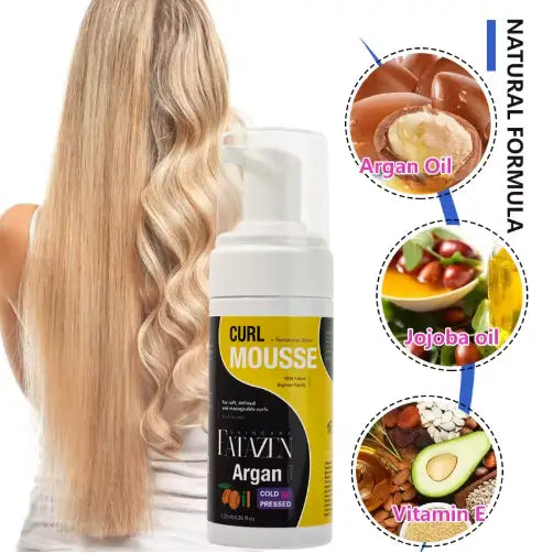 White and yellow pump bottle of fatazin argan curl mousse with black label for strong hold hair styling foam.