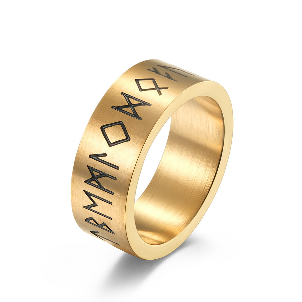 Gold-toned stainless steel engraved runic band ring for men and women featuring detailed symbols along the band.