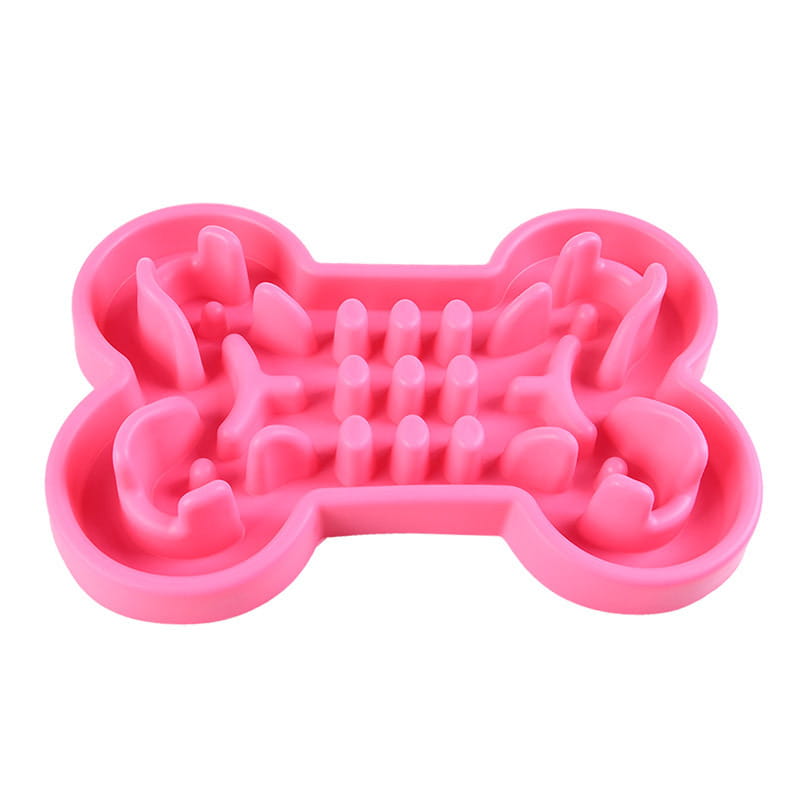 bol pour chien à alimentation lente en silicone rose en forme d’os, mettant l’accent sur une alimentation lente dans un design de bol-puzzle en forme d’os