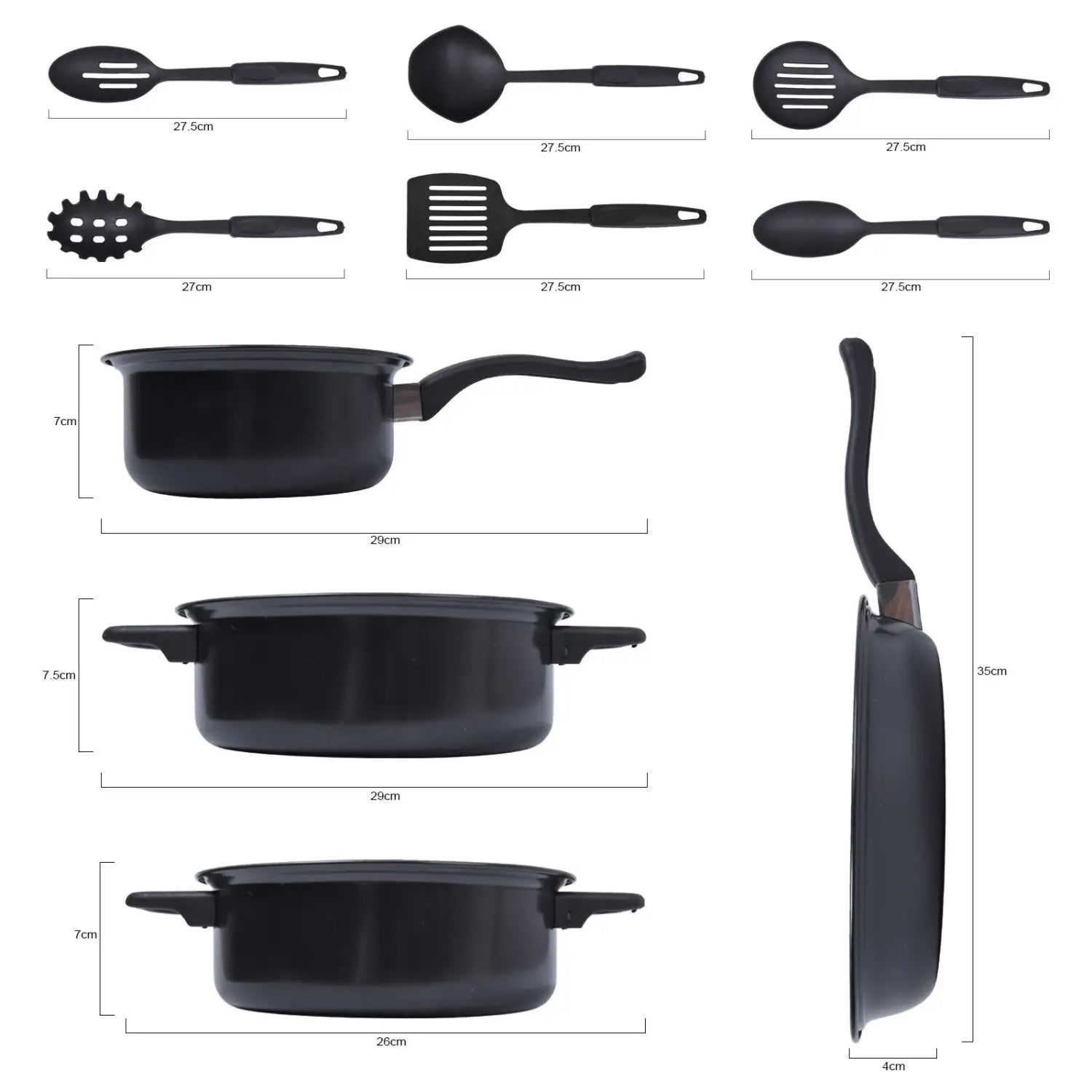 Black 13 piece non stick cookware set with glass lids including frying pan saucepans and spatulas made from durable non-stick material for versatile cooking.