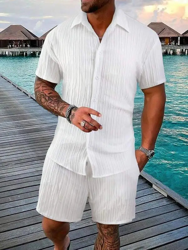 White men’s ribbed short sleeve button-up shirt with vertical texture in a beach set designed for casual summer wear.
