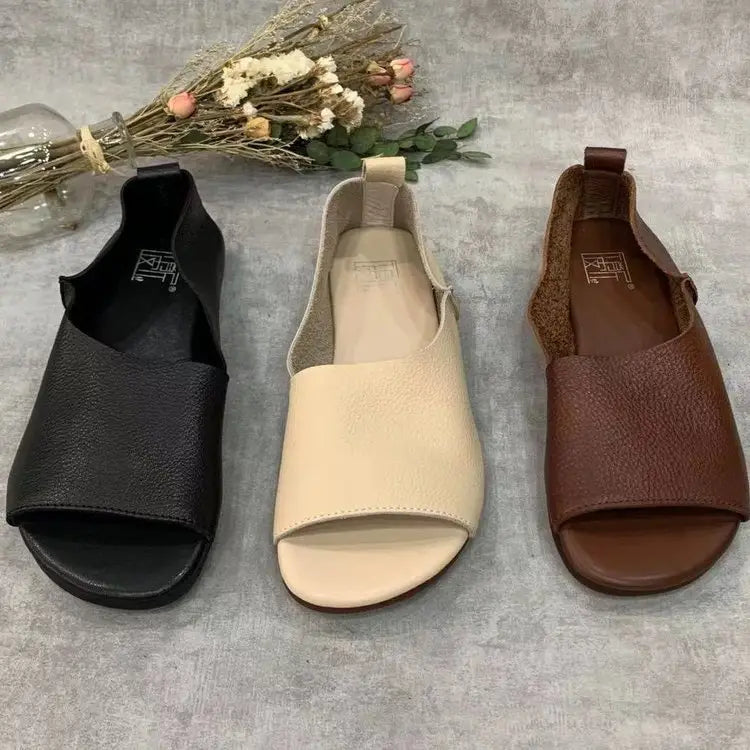 three pairs of minimalist leather slide sandals in black beige and brown featuring retro soft sole and peep toe slip on design