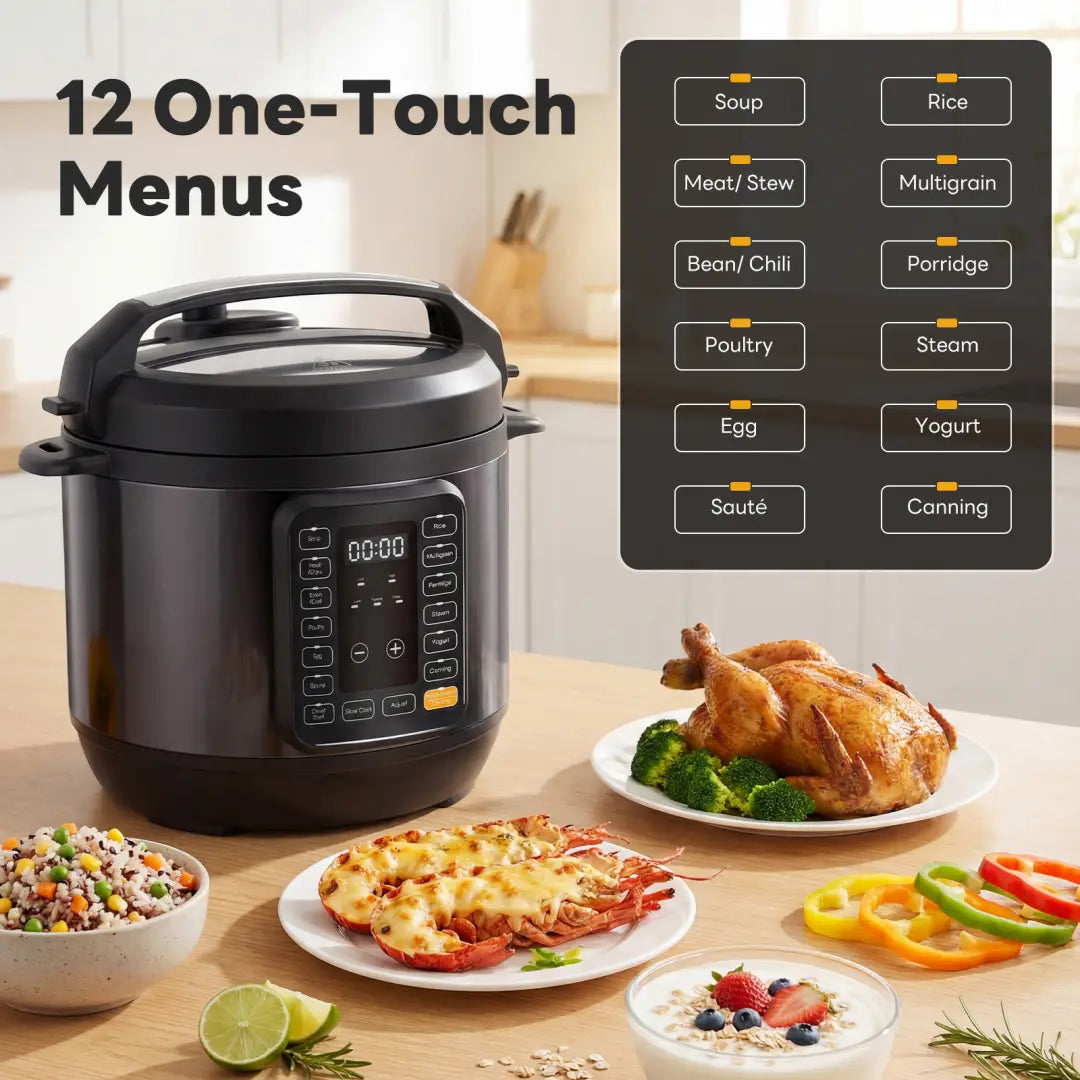 Black electric pressure cooker multi cooker with digital control panel and 12 one-touch cooking menus available in 6qt and 8qt capacities.