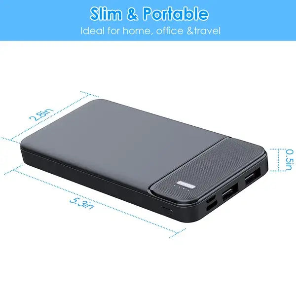 Batterie externe mince noire de 20000 mAh avec charge rapide, double ports USB et panneau texturé pour une meilleure prise.