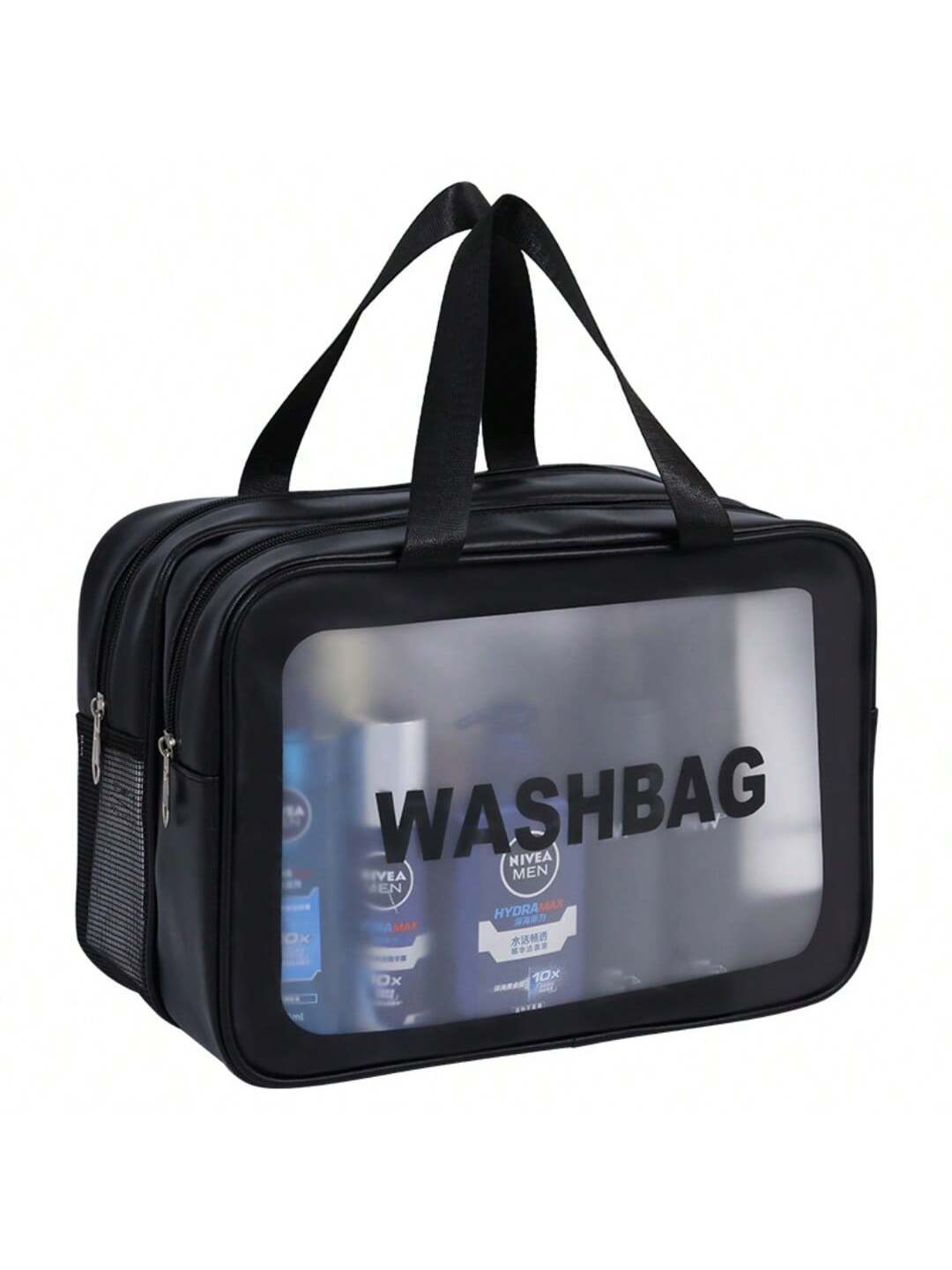 Schwarze transparente Waschtasche mit schwarzen Griffen und Reißverschlüssen; mit klarem Frontpanel, auf dem das Wort washbag in kräftigen Buchstaben steht; gestaltet als Reisekosmetiktasche mit Trennung von trocken und nass und Wäsche-Organizer.