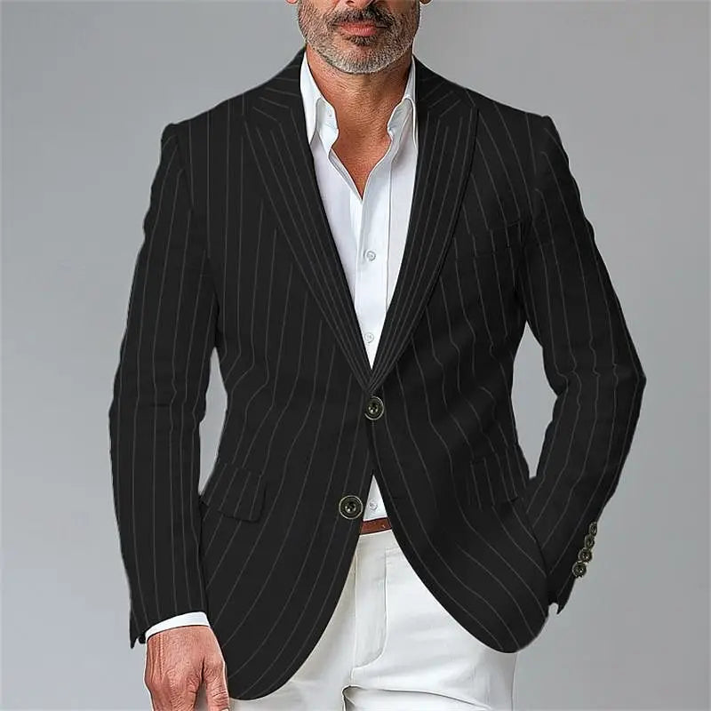 Herren-Pinstripe-Slim-Fit-Blazer-Jacket in Schwarz mit dezenten vertikalen Streifen und dunklen Knöpfen.