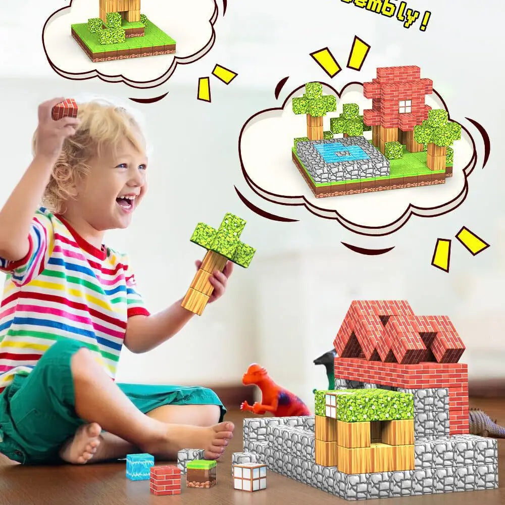 Minecraft magnetic building blocks 100pc educational toy featuring colorful pixelated bricks in red green gray and brown for constructing blocky structures.
