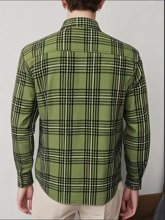 Men’s slim fit plaid flannel button up shirt in green with black and white intersecting lines featuring a classic collar and buttoned cuffs.
