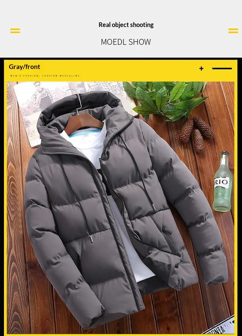 Doudoune à capuche en coton gris pour hommes, avec fermeture à glissière frontale en tissu synthétique matelassé