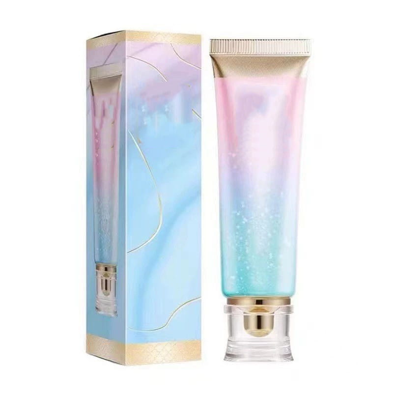 a gradient-hued iridescent tube of niacinamide brightening toothpaste with a gold cap and clear base for fresh breath 100g