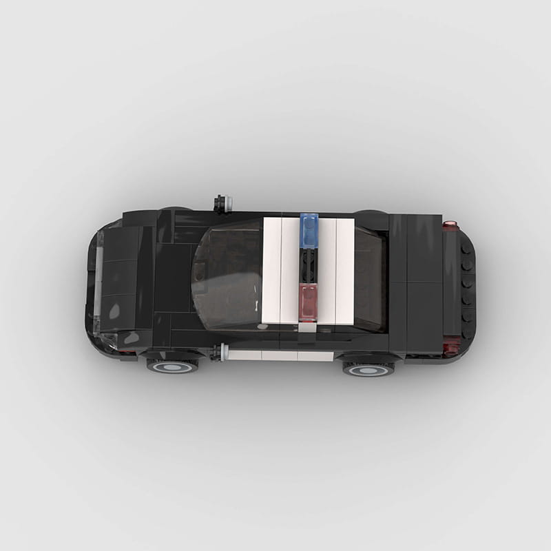 Bloques de construcción del modelo de coche de policía de lego negros, con luces de emergencia blancas y azules en el techo, adecuado para niños y adultos.