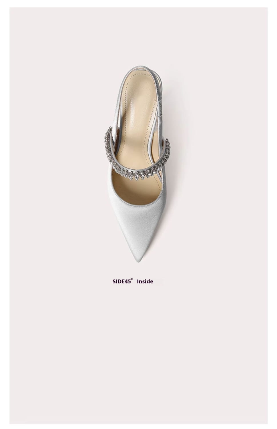 Silver satin pointed toe mule shoe featuring a crystal embellished strap, part of the crystal satin slingback pointed toe high heels collection.