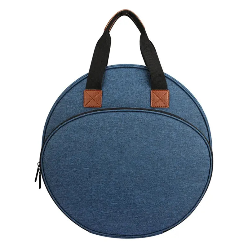 Premium circular embroidery and craft tool storage tote in blue denim textured material with black fabric handles and brown leather accents.