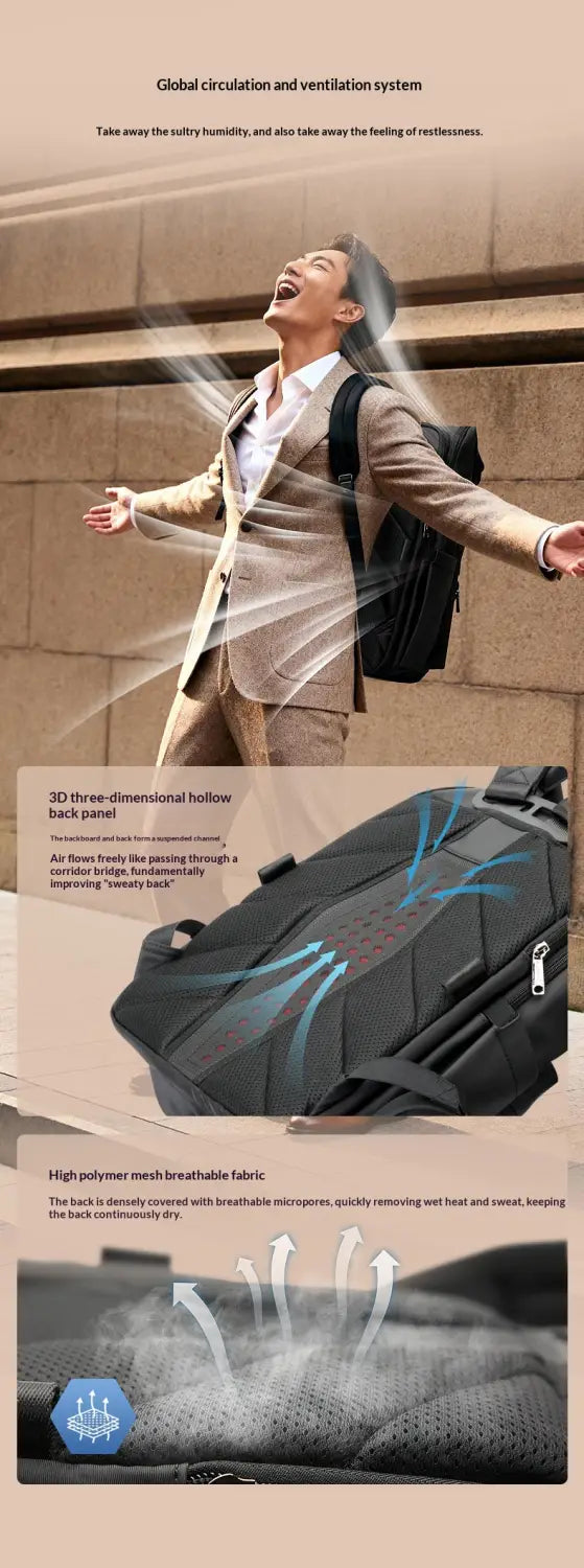 Black roll top business backpack back side featuring a 3d three-dimensional hollow back panel and high-polymer breathable fabric with a 25l water resistant capacity.