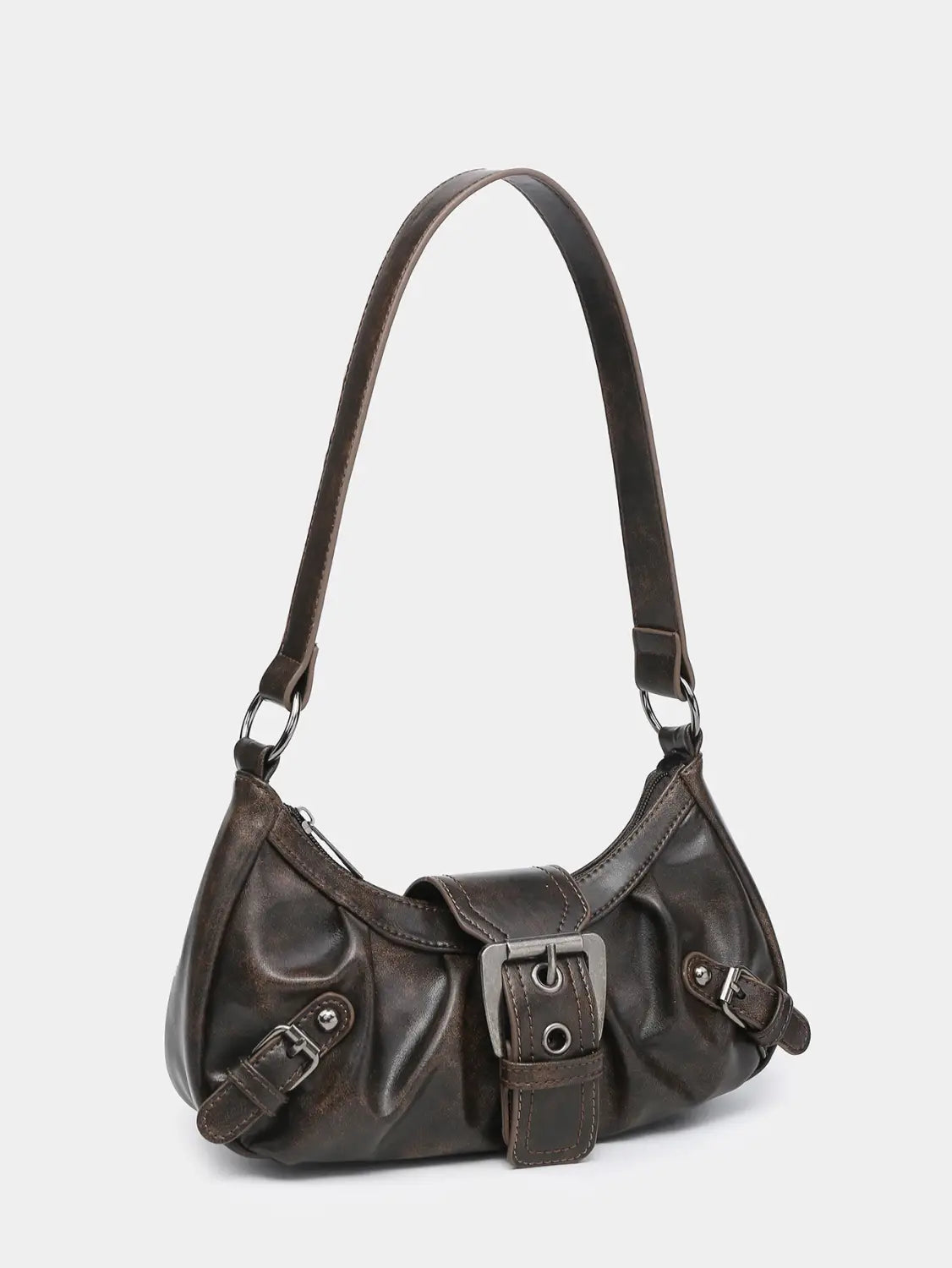 Dark brown vintage leather shoulder bag with a central buckle closure and matching strap.