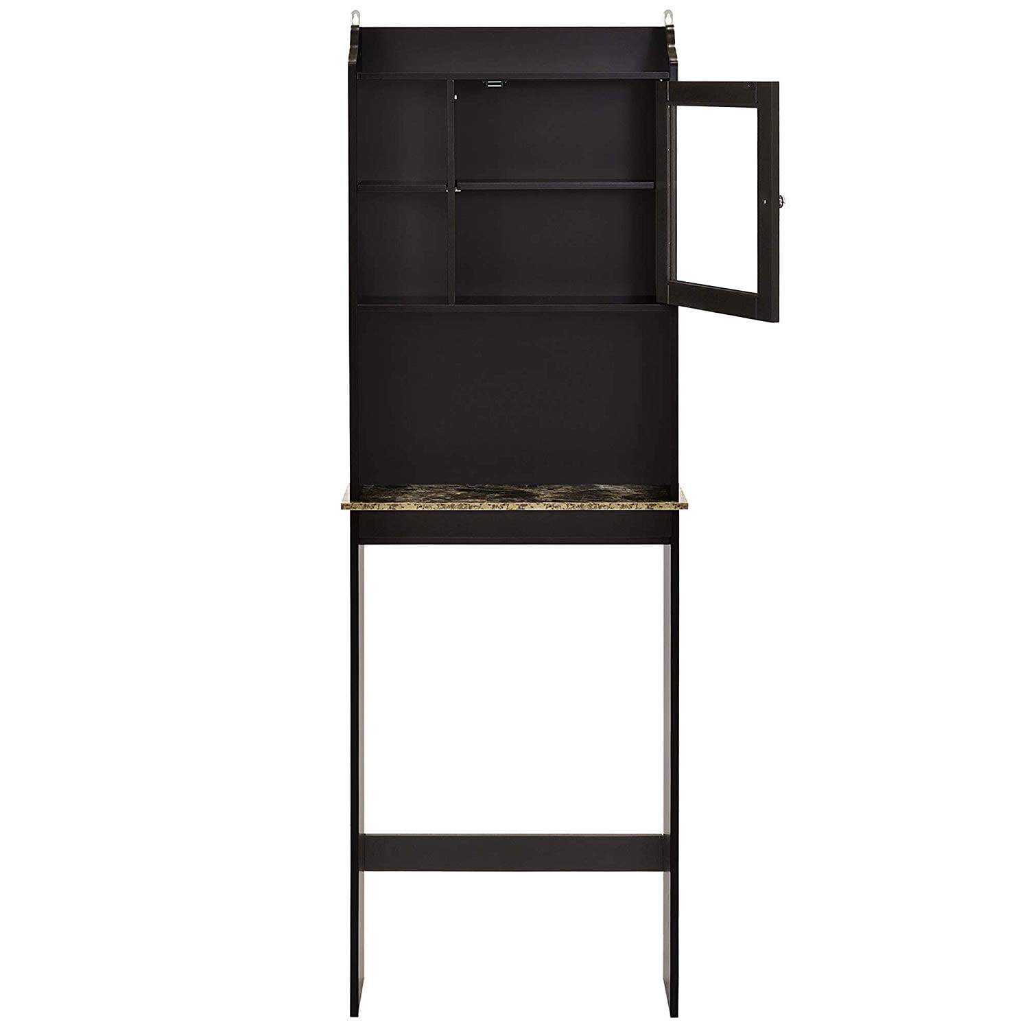 black metal espresso over the toilet wood storage cabinet with glass door and marble countertop