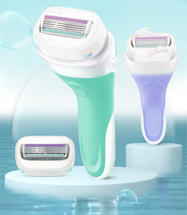 A sleek ergonomic hair trimmer and razor set for sensitive skin with a white and mint green handle and purple blades.