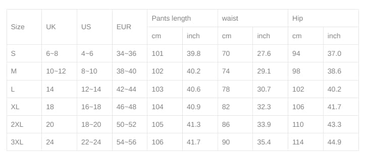 Tabla de tallas de jeans acampanados con bordado floral que muestra las medidas de cintura y largo en centímetros y pulgadas para las tallas de S a 3XL.