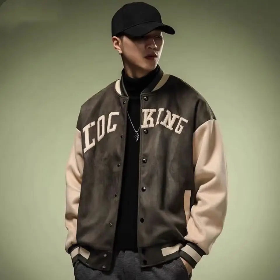 Black and beige varsity jacket Korean style loose casual top featuring lock king lettering across the chest.