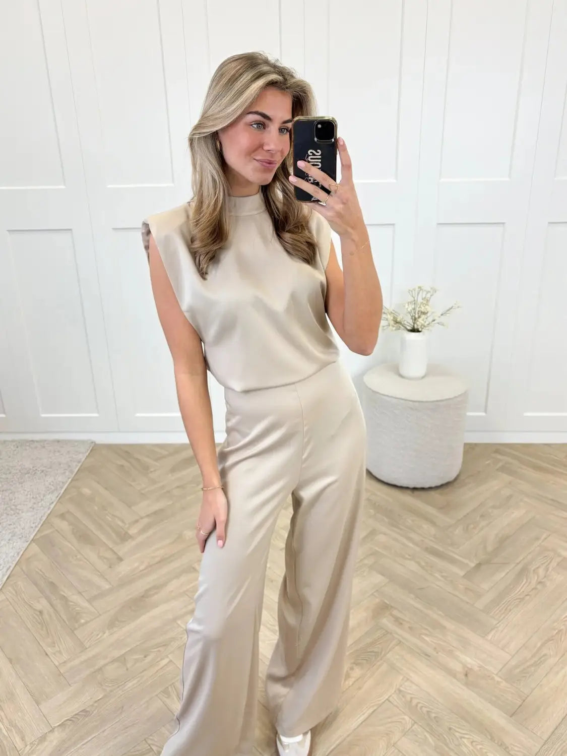 beige satin backless evening dress jumpsuit with sleeveless top and matching wide-leg straight pants set