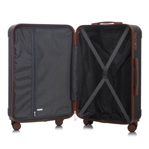 Black hard-shell suitcase with brown leather trim and handles featuring a spacious interior lined in dark gray fabric from 3 piece abs spinner luggage set with TSA lock