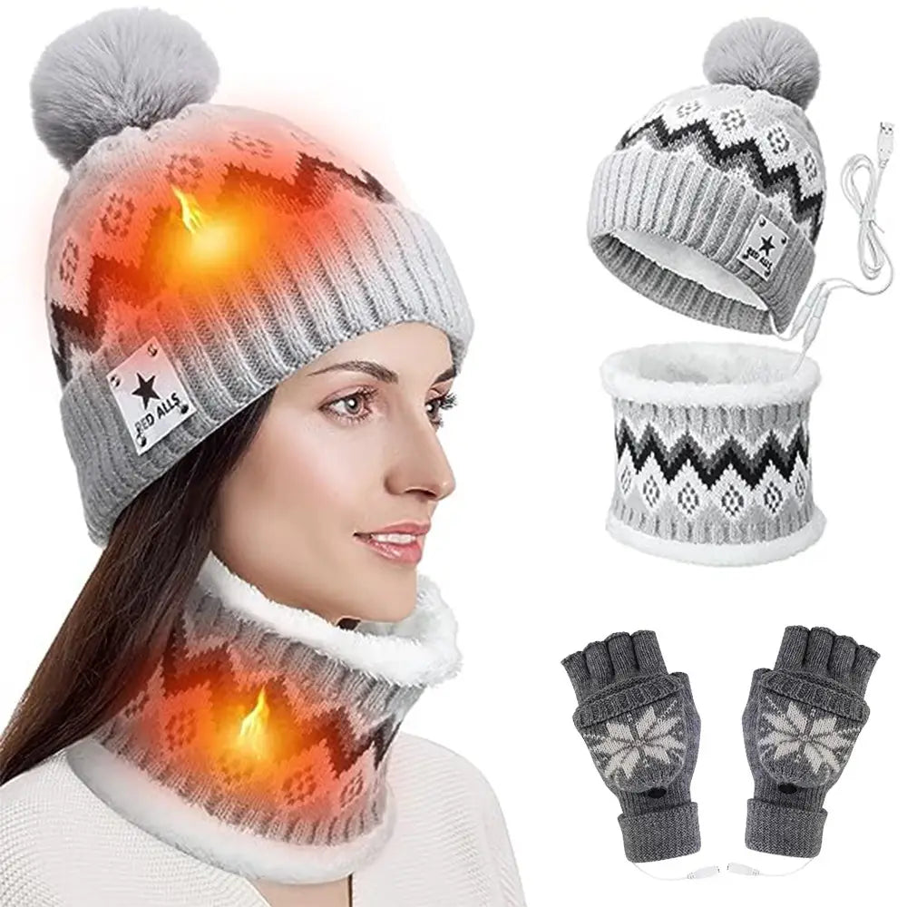 Usb heated gray knit winter hat with black and white geometric pattern and fluffy pom-pom featuring integrated heating elements for cold weather use.