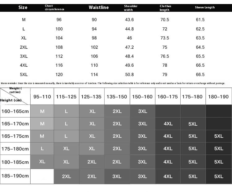 Size chart for men’s long sleeve Oxford button down shirt showing measurements in centimeters for sizes M to 5XL.