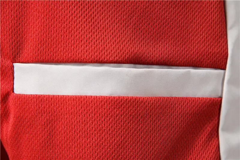 Men’s bomber jacket casual zip outerwear in red mesh fabric with a white reflective strip across the center.