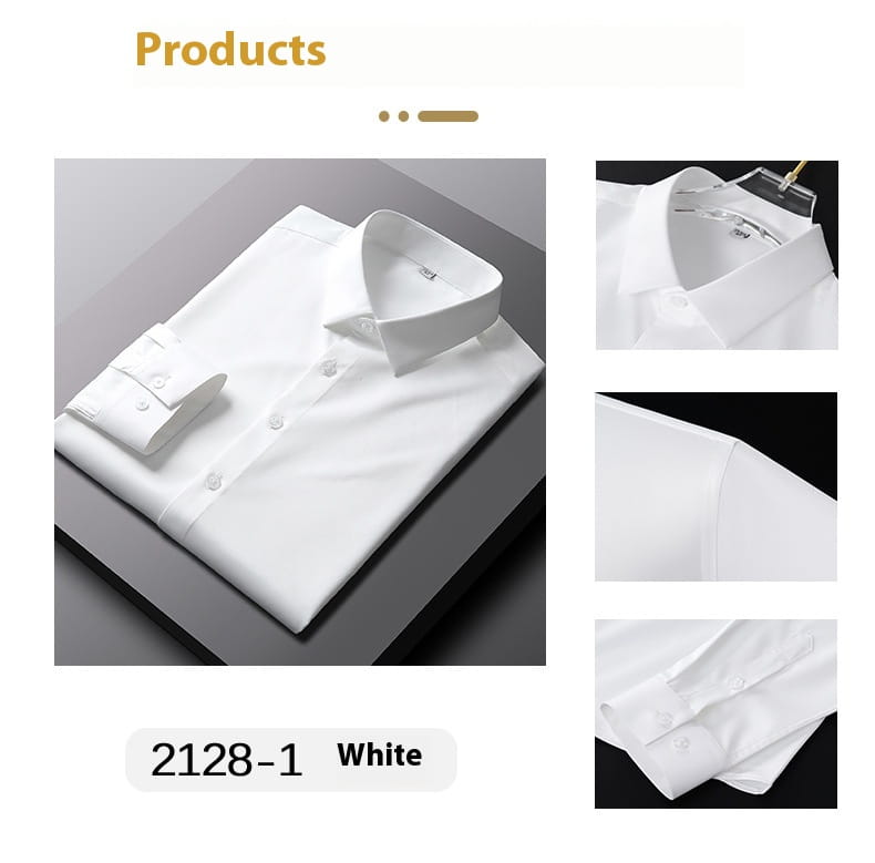 Chemise habillée en soie pour homme à manches longues blanche, modèle 2128-1, affichant la face arrière du vêtement.