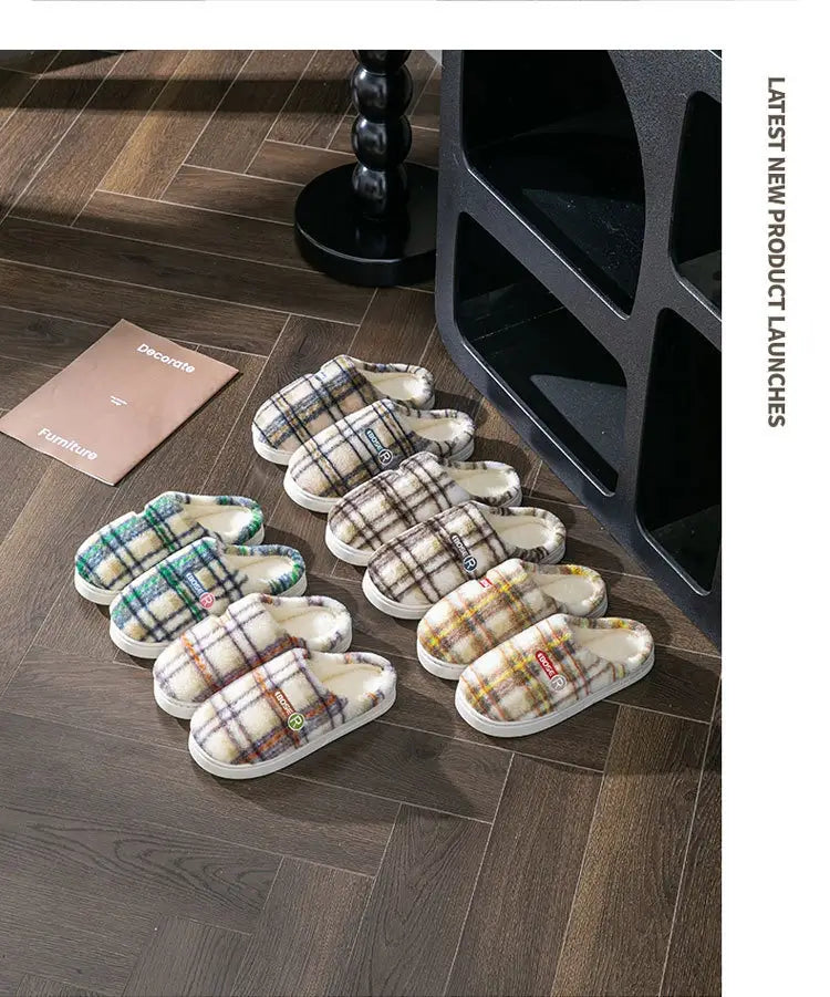 Unisex plaid fleece lined non slip indoor slippers featuring soft fluffy lining and white rubber soles.