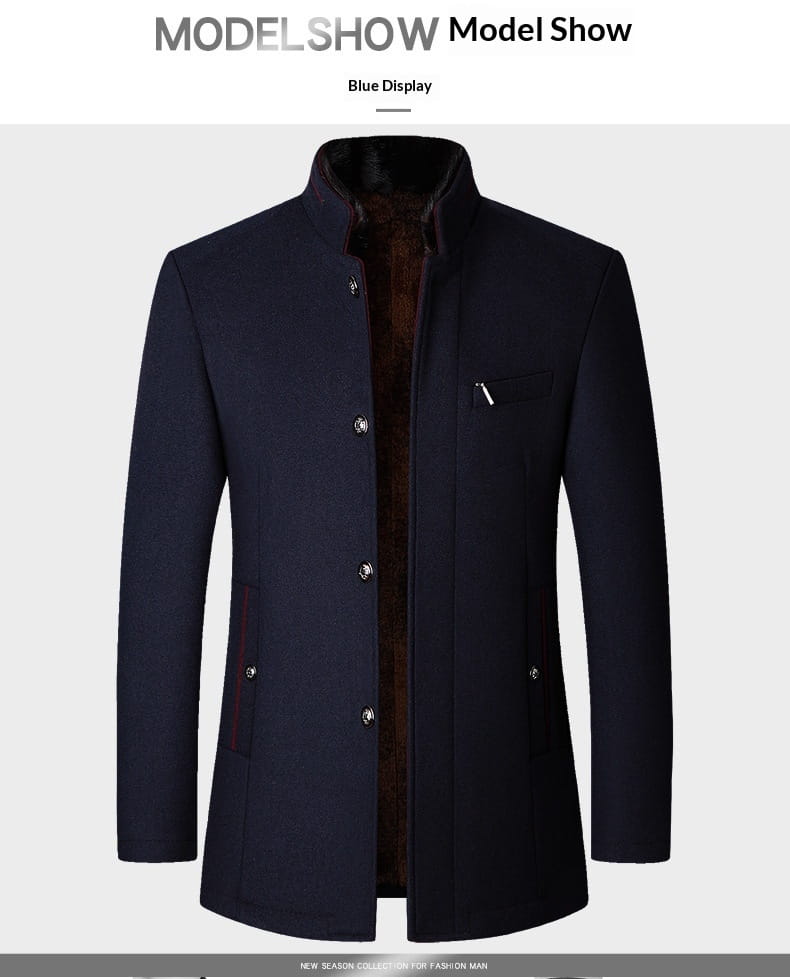 mens wool casual stand collar jacket navy in dark blue wool with a high collar and brown fleece lining.