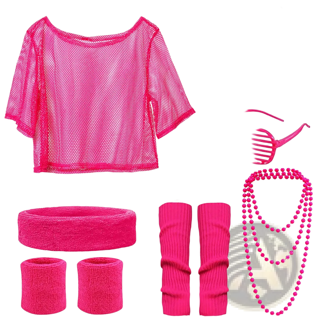 Bright pink mesh crop top with short sleeves and rounded neckline from 80s neon green disco costume set