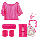 Bright pink mesh crop top with short sleeves and rounded neckline from 80s neon green disco costume set