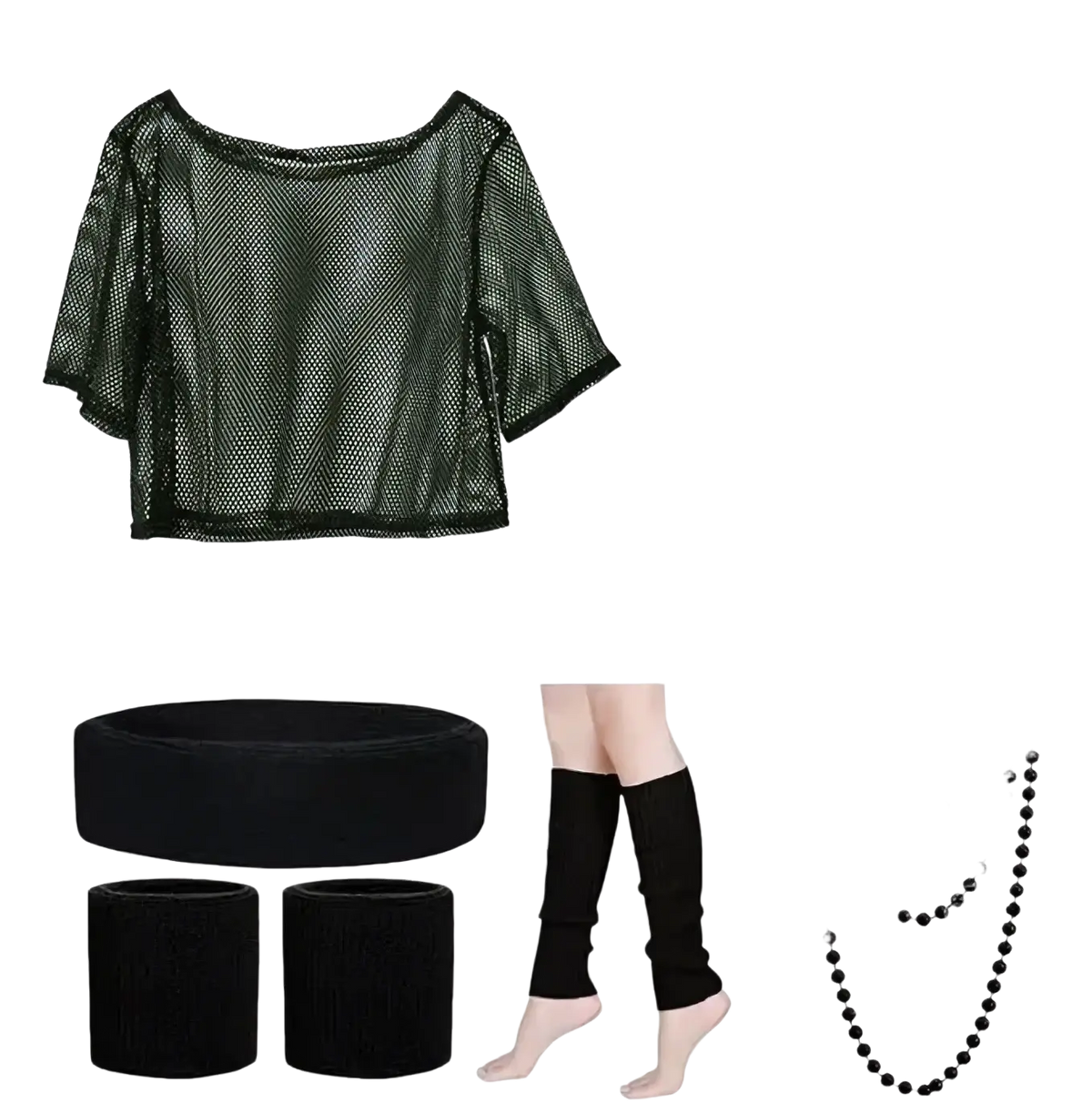 Black mesh crop top with short sleeves and scoop neckline from 80s neon green disco costume set