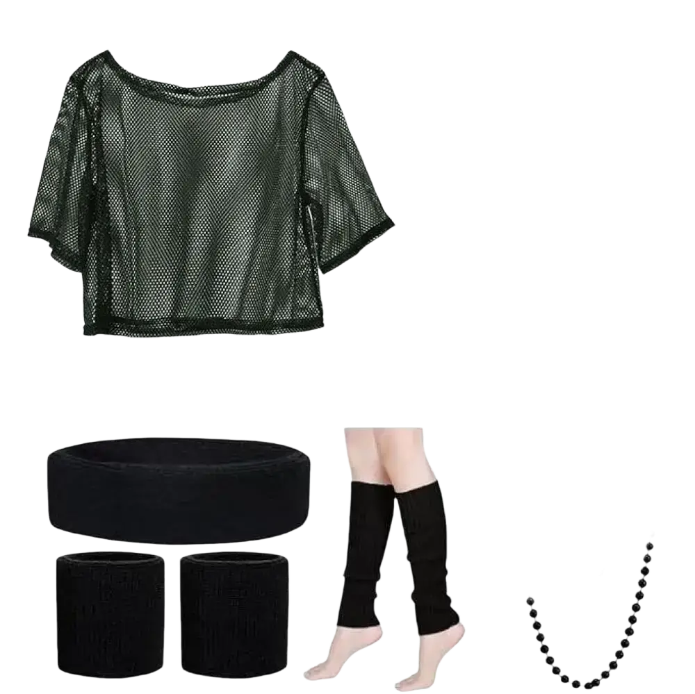 Black mesh crop top with short sleeves and scoop neckline for 80s neon green disco costume set