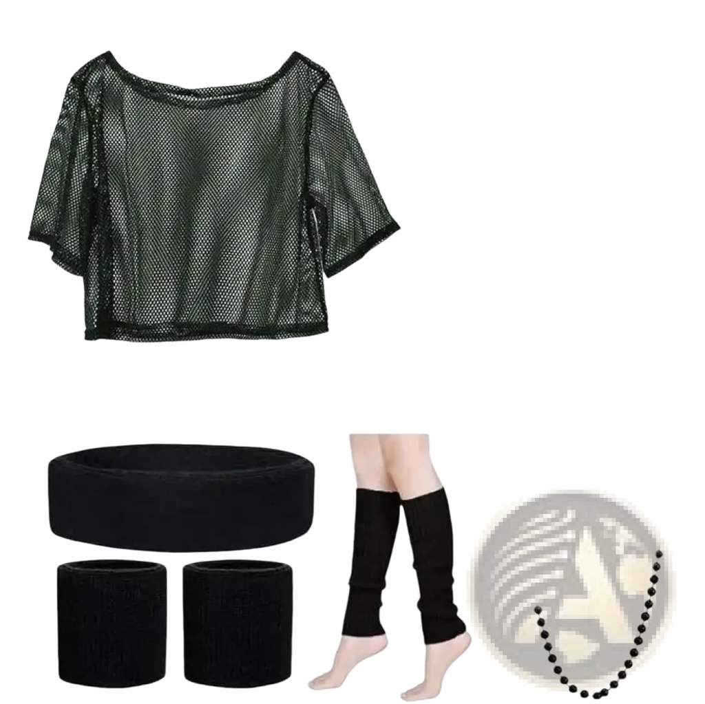 Black mesh crop top with short sleeves and scoop neckline for 80s neon green disco costume set