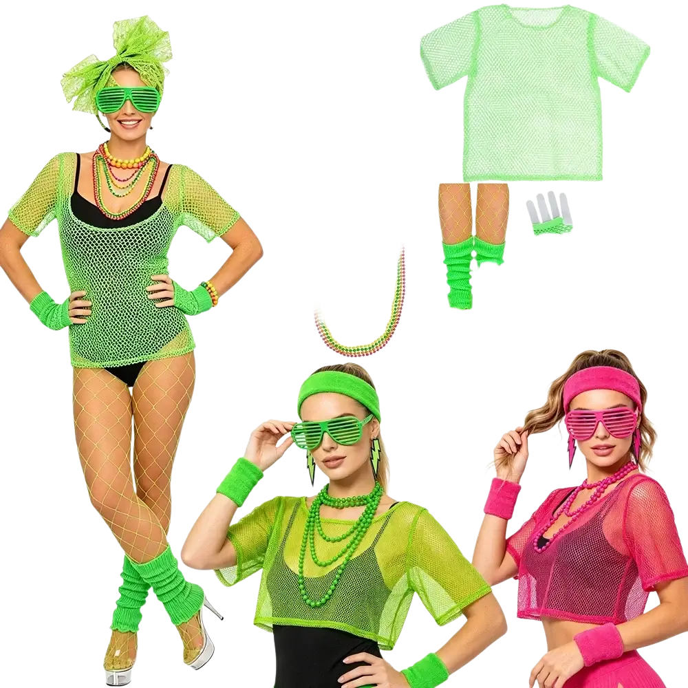 Bright neon green mesh 80s disco costume set with matching accessories for vibrant retro party wear
