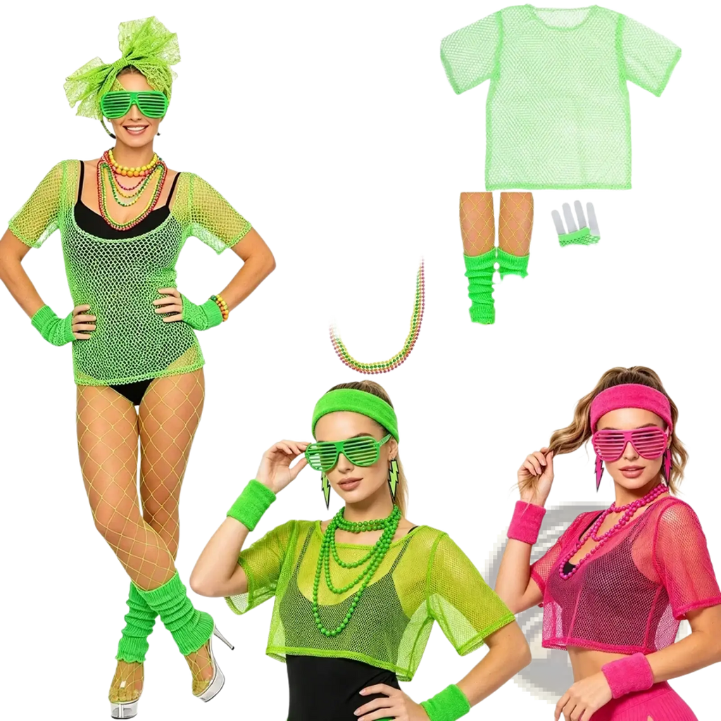 Bright neon green mesh 80s disco costume set with matching accessories for vibrant retro party wear