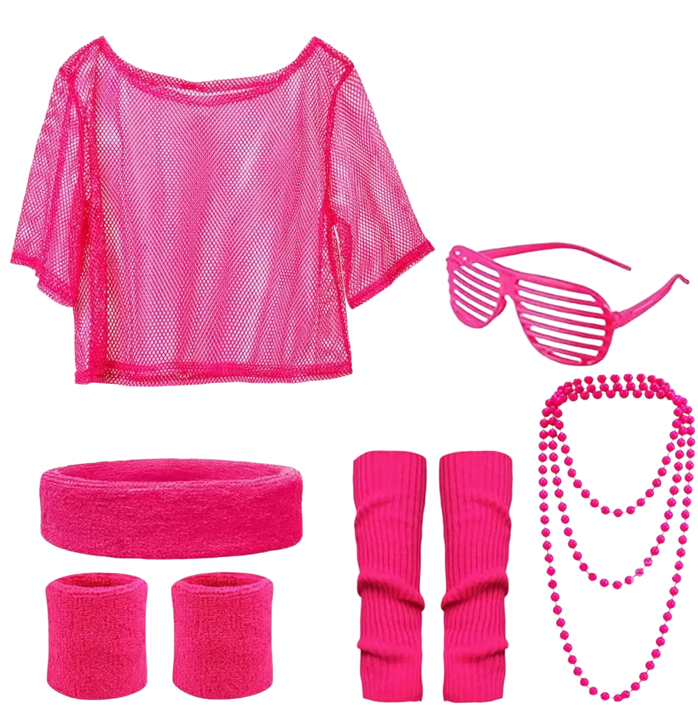 Bright pink mesh crop top with short sleeves and scoop neckline from 80s neon green disco costume set