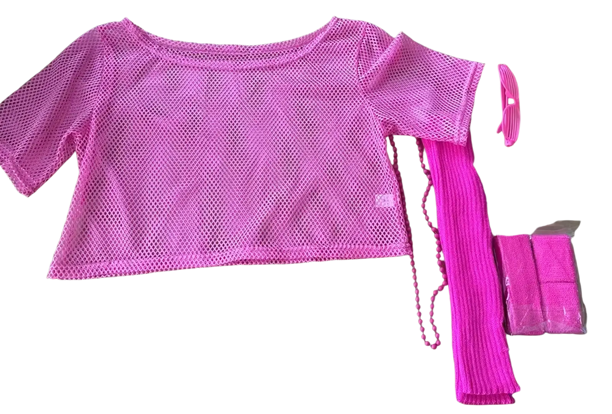 Bright pink mesh crop top with short sleeves and rounded neckline from 80s neon green disco costume set