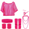 Bright pink mesh crop top with short sleeves and rounded neckline from 80s neon green disco costume set