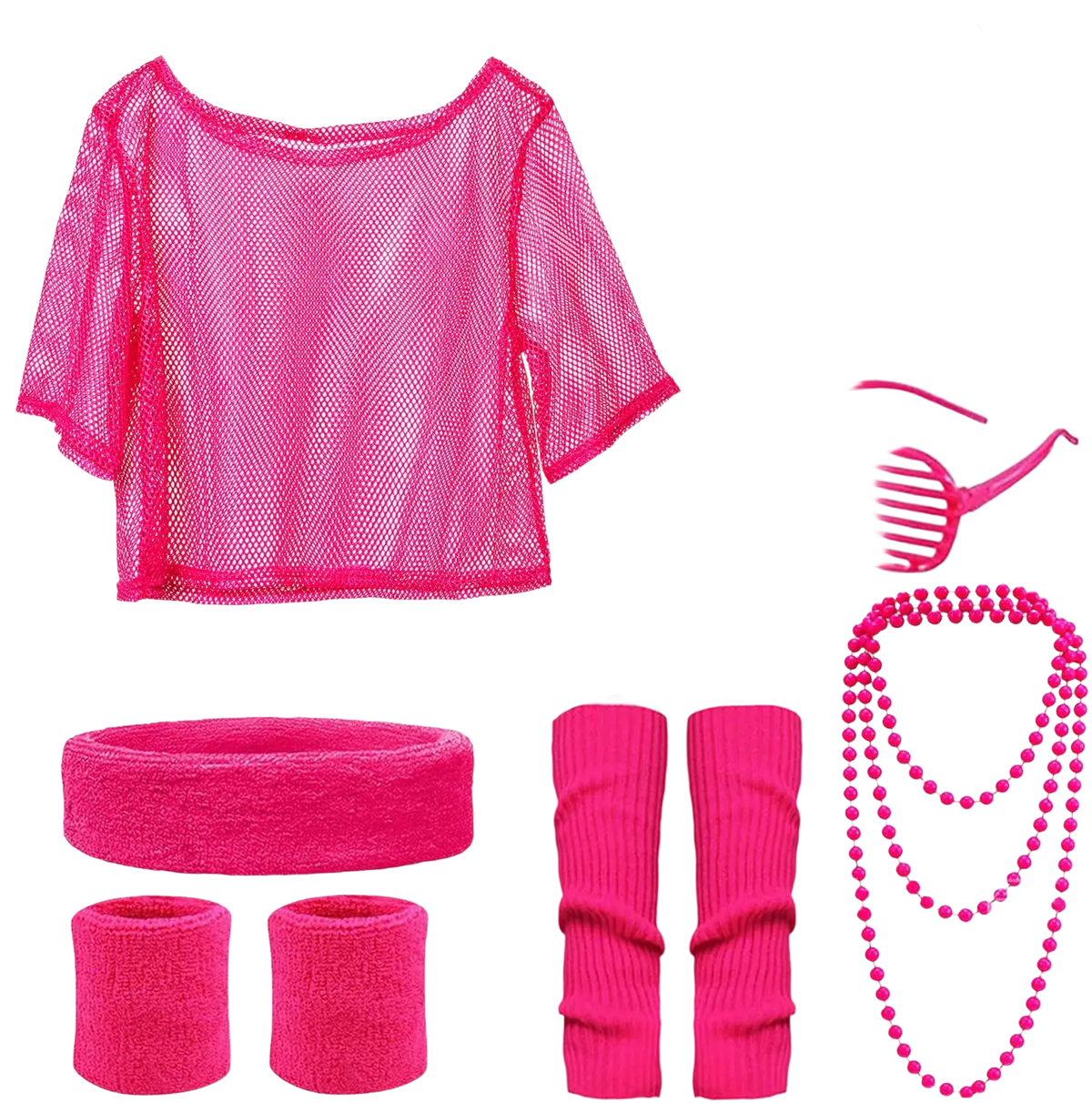 Bright pink mesh crop top with short sleeves and rounded neckline from 80s neon green disco costume set