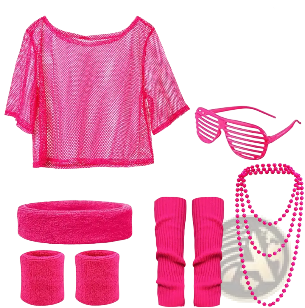 Bright pink mesh crop top with short sleeves and scoop neckline from 80s neon green disco costume set