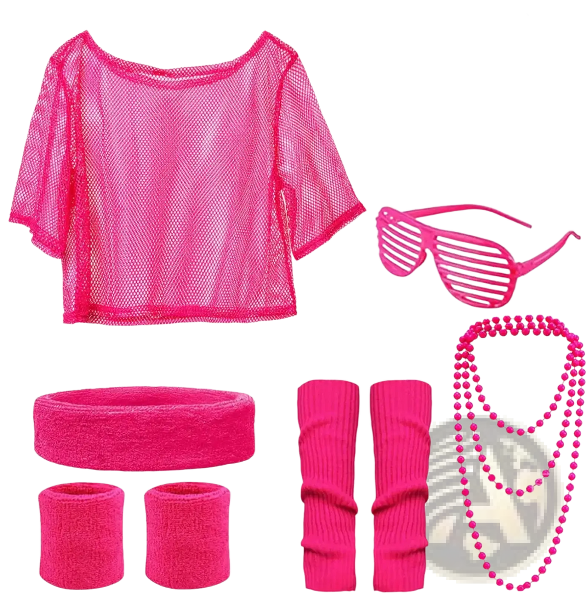 Bright pink mesh crop top with short sleeves and scoop neckline from 80s neon green disco costume set
