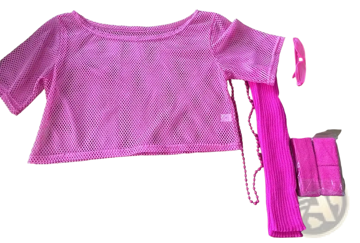 Bright pink mesh crop top with short sleeves and rounded neckline from 80s neon green disco costume set